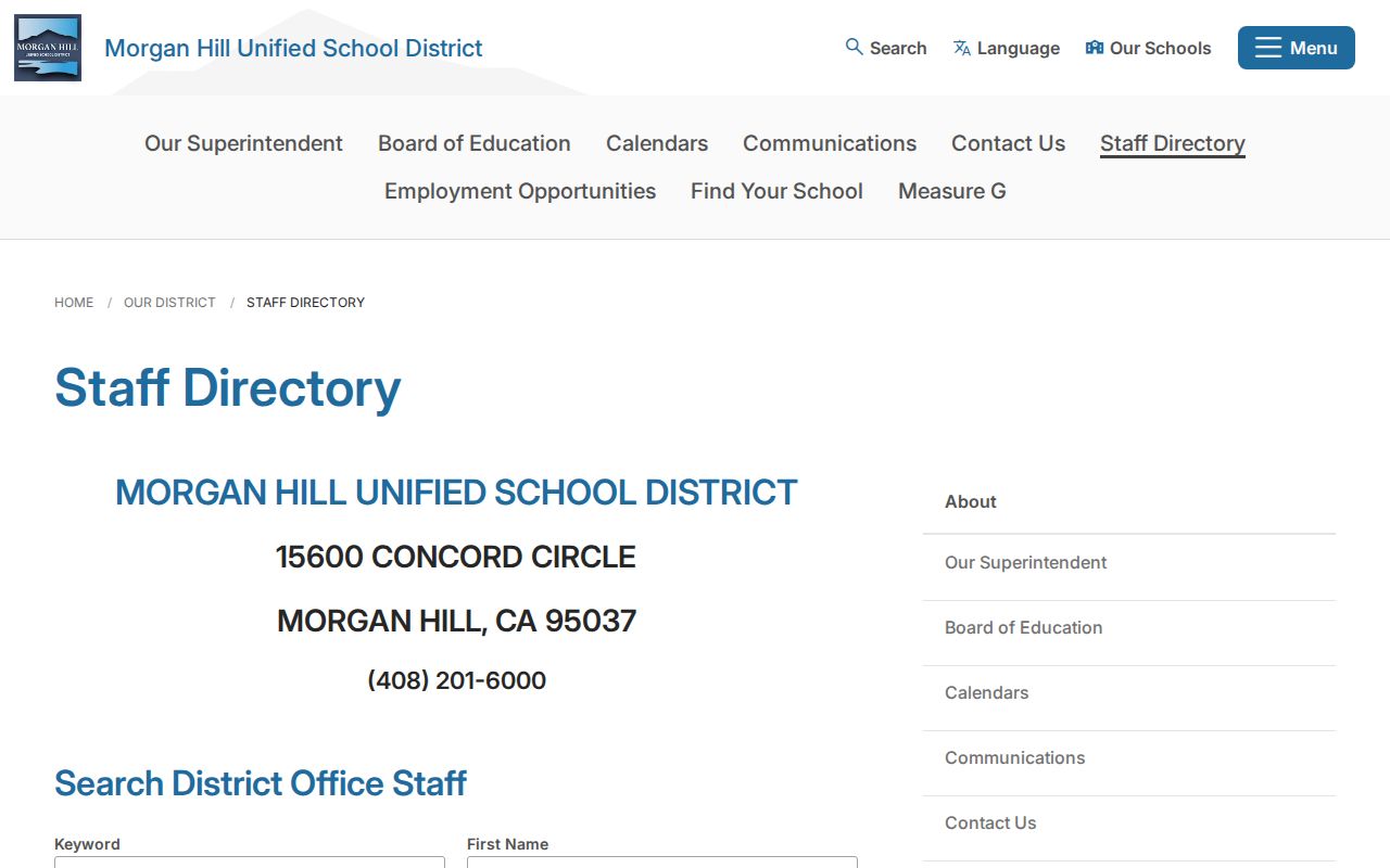 Morgan Hill people directories school district staff listing