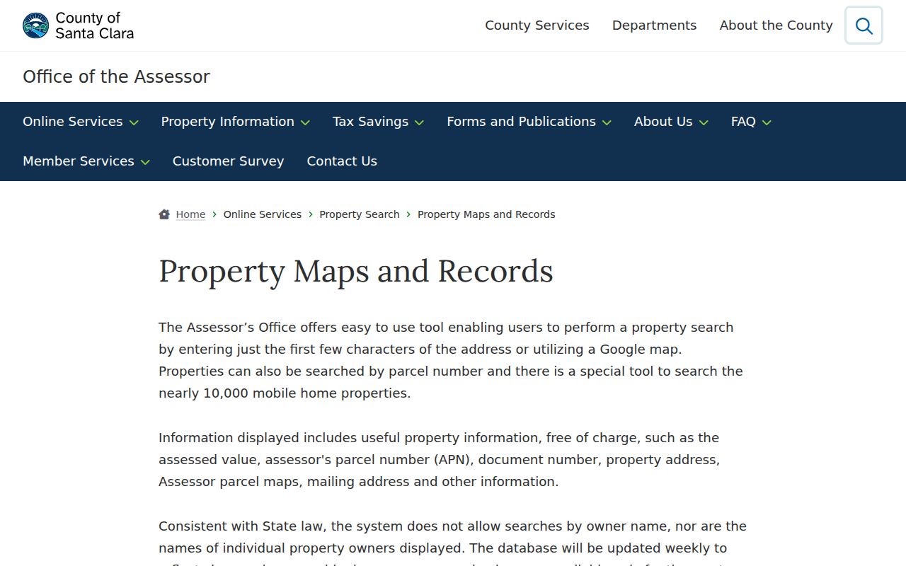Morgan Hill records page for Santa Clara County assessor property access