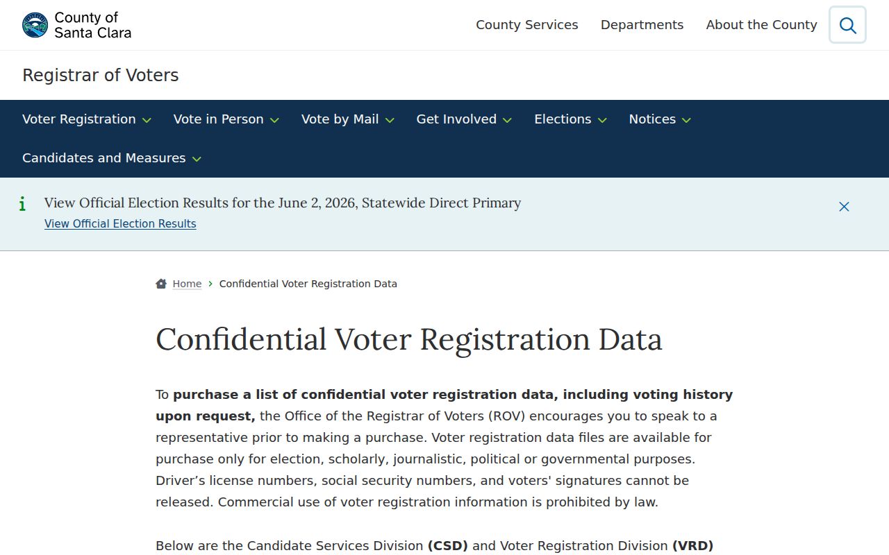 Morgan Hill voter records confidentiality instructions from Santa Clara County